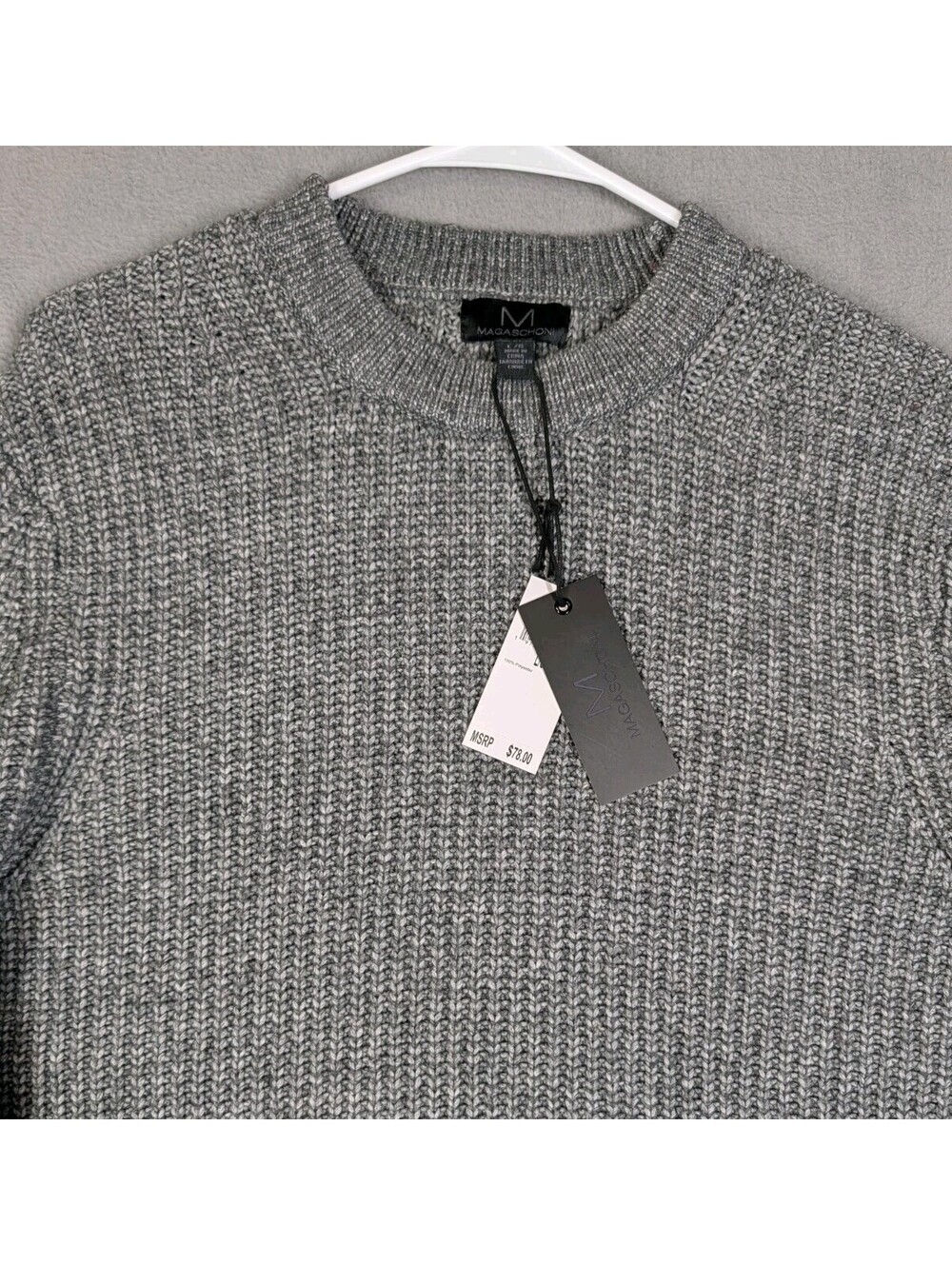 Magaschoni Mens L Gray Heather NWT Chunky Knit Crew Neck Pullover Sweater Casual